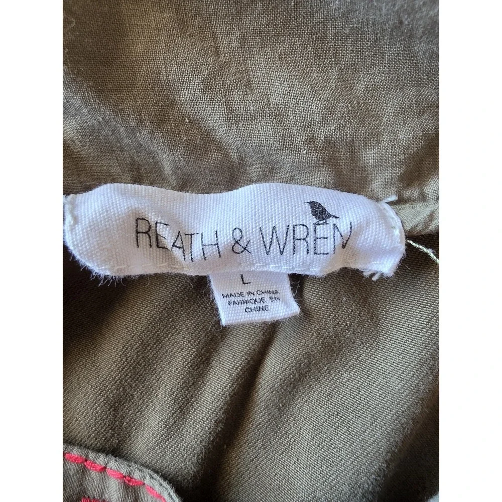 Anthro Reath & Wren Top Women L Boho Olive Red Embroidered V-Neck Sleeveless
